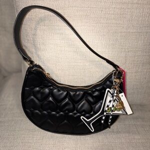 Betsey Johnson Black Heart Quilted Martini Charm Shoulder Bag NWT
